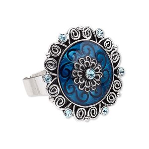 Ring, enamel / glass rhinestone / antique silver-plated "pewter" (zinc-based alloy), blue, 28mm round, adjustable. Sold individually.