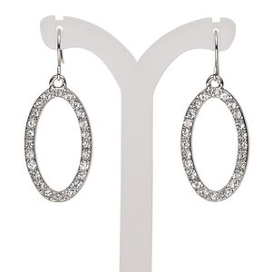 Earring, glass rhinestone with imitation rhodium-finished steel and "pewter" (zinc-based alloy), clear, 42mm with open oval and fishhook ear wire. Sold per pair.