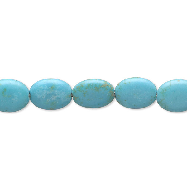 Bead, magnesite (dyed / stabilized), blue-green, 10x8mm-10x9mm puffed oval, C grade, Mohs hardness 3-1/2 to 4. Sold per 15-inch strand. image number 0
