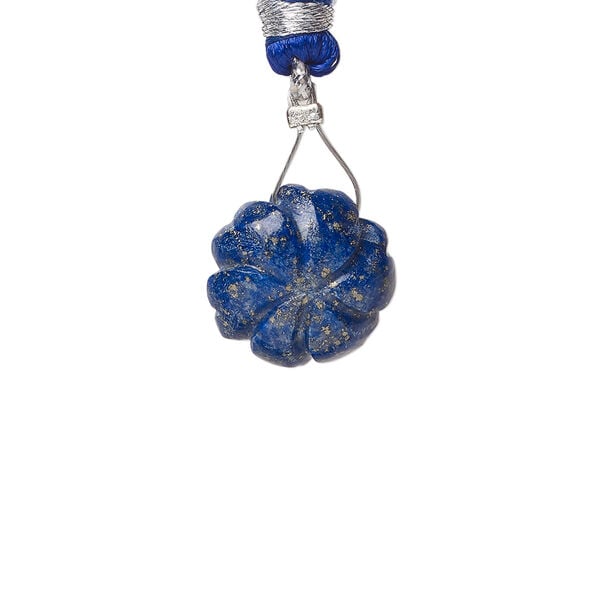 Lapis lazuli / rainbow moonstone 1pkg1, top-drilled hand-cut 1sided carved flower bead natural, 14mm image number 1