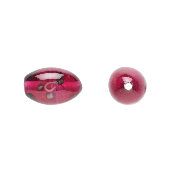 Bead, Czech lampworked glass, opaque red / pink / green, 12x8mm-13x9mm olive with flower design. Sold per pkg of 4. image number 0