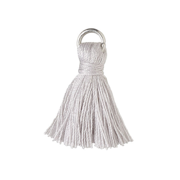 Tassel, cotton and imitation rhodium-finished steel, light grey, 20-24mm mini tassel with 6mm open jump ring. Sold per pkg of 6. image number 0