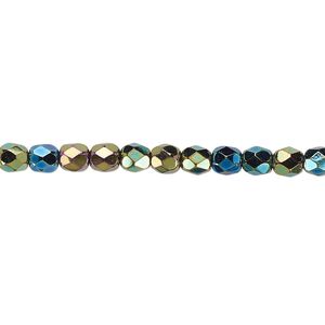 Bead, Czech fire-polished glass, opaque iris green, 4mm faceted round. Sold per 15-1/2" to 16" strand.