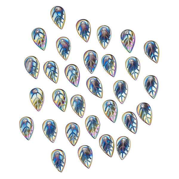 Drop, pressed glass, opaque iris multicolored, 18 x 11mm pressed leaf, top-drilled. Sold per pkg of 30. image number 0