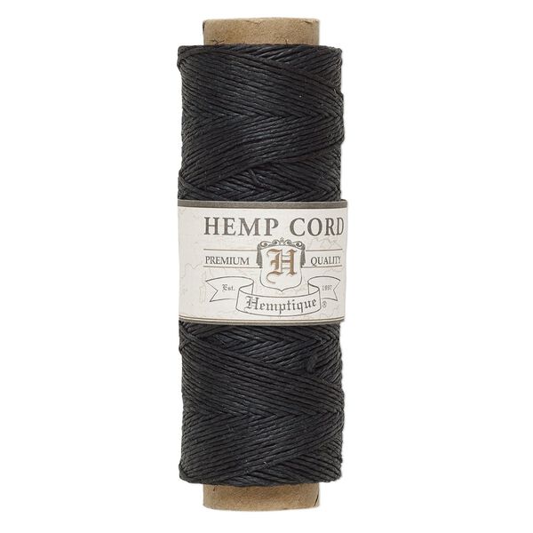 Cord, Hemptique®, polished hemp, black, 0.5mm diameter, 10-pound test. Sold per 205-foot spool. image number 0