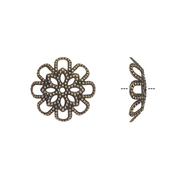 Bead cap, antique brass-plated brass,17x4.5mm flower with cutout design, fits 20-24mm bead. Sold per pkg of 20. image number 0