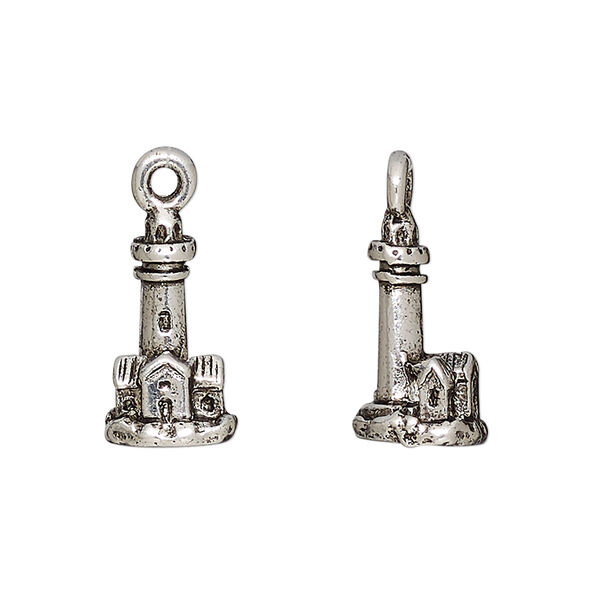 Charm, antique silver-plated pewter (tin-based alloy), 16.5x10mm 3D lighthouse. Sold per pkg of 2. image number 0