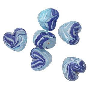 Bead, glass, translucent matte multi-blue / white / clear, 23x20mm-25x23mm puffed heart. Sold per pkg of 6.