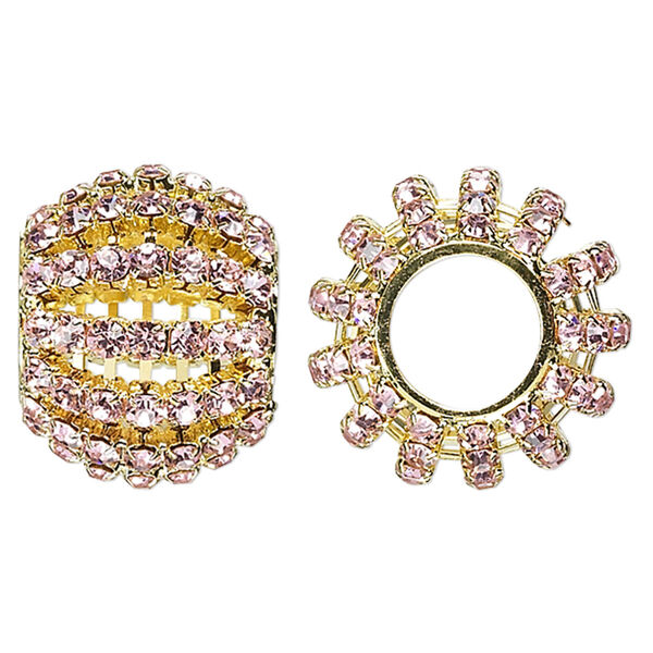 Bead, glass rhinestone and gold-finished brass, pink, 25x20mm barrel with 3mm chatons, 11.5mm hole. Sold individually. image number 0