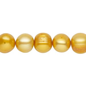 Pearl, cultured freshwater (dyed), marigold, 9-10mm semi-round with 0.4mm hole, C grade, Mohs hardness 2-1/2 to 4. Sold per 15-inch strand.
