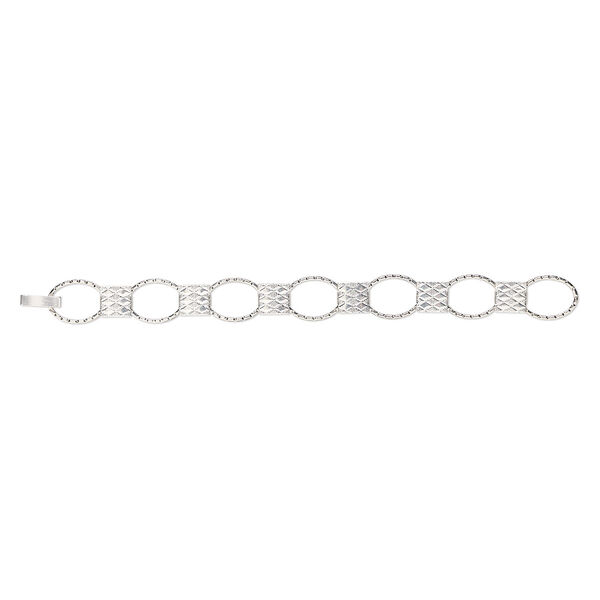 Bracelet component, silver-finished brass and "pewter" (zinc-based alloy), (7) 20x14.5mm oval links with 11x10mm textured rectangle glue-in setting, 7 inches with fold-over clasp. Sold individually. image number 0