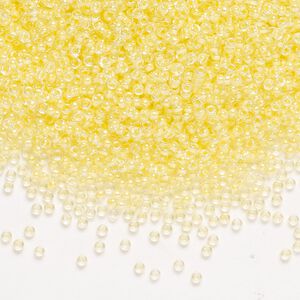 Seed bead, Miyuki, glass, pkg/250g, #15 rocaille, translucent yellow-lined luster crystal clear (RR-201).