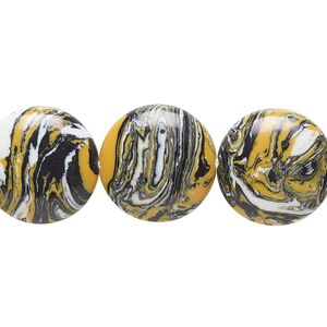 Bead, resin, black / white / dark yellow, 16mm flat round. Sold per 15" to 16" strand.