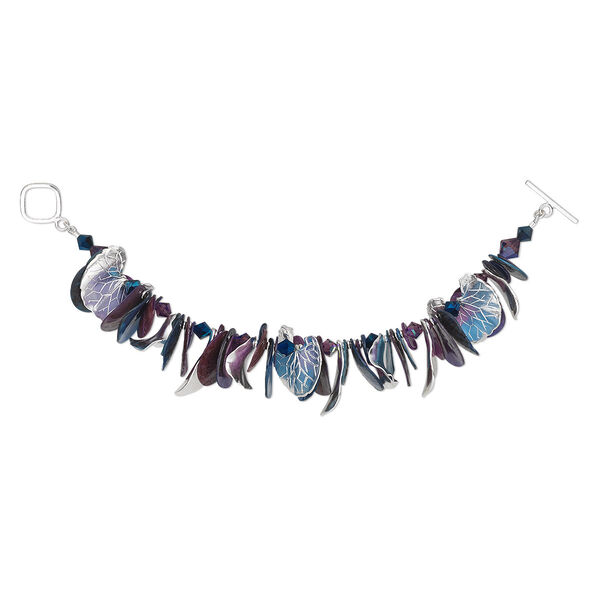 Bracelet, One of a Kind Jewelry, sterling silver / mussel shell (dyed) / crystal, amethyst purple, toggle clasp. Only one available. image number 0