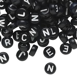 Bead mix, acrylic, opaque black and white, 7mm double-sided flat round with alphabet letters. Sold per pkg of 200.