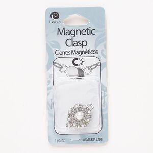 Clasp magnetic 1pkg1, 17mm flower, antique silver-finished steel / white acrylic / clear glass 1-strand