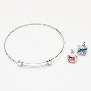 Bracelet bangle charm 1pkg3 "pewter" (zinc-based alloy) / crystal, silver finish / multicolored 8 inches