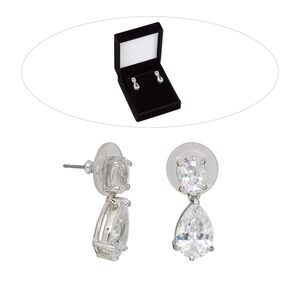 Earring, stainless steel / rhodium-finished brass / cubic zirconia, clear, 22mm with teardrop and post and comfort clutch. Sold per pair.