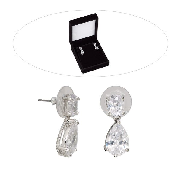 Earring, stainless steel / rhodium-finished brass / cubic zirconia, clear, 22mm with teardrop and post and comfort clutch. Sold per pair. image number 0
