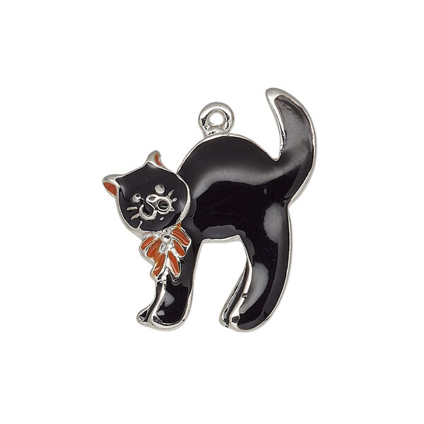 Charm, enamel and silver-plated "pewter" (zinc-based alloy), black and orange, 25x23mm single-sided cat with ribbon. Sold individually. image number 0