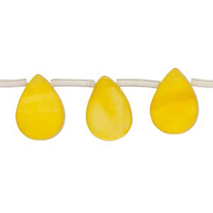 Bead, mother-of-pearl shell (dyed), yellow-orange, 13x3mm-14x9mm top-drilled flat teardrop, Mohs hardness 3-1/2. Sold per 13-inch strand, approximately 25 beads.
