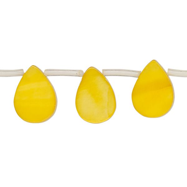 Bead, mother-of-pearl shell (dyed), yellow-orange, 13x3mm-14x9mm top-drilled flat teardrop, Mohs hardness 3-1/2. Sold per 13-inch strand, approximately 25 beads. image number 0
