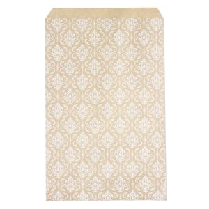 Bag, paper, brown and white, 9x6 inch rectangle with damask-print and scalloped top edge. Sold per pkg of 100.