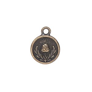 Charm, TierraCast®, antique brass-plated pewter (tin-based alloy), 14.5mm round with thistle design. Sold per pkg of 2.