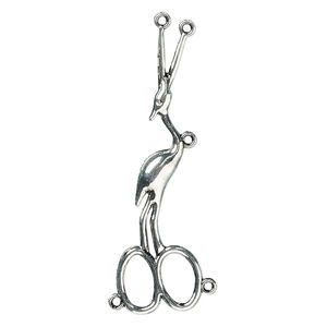 Focal, antique silver-finished "pewter" (zinc-based alloy), 3-1/4x1 inch stork scissors with 5 loops. Sold individually.