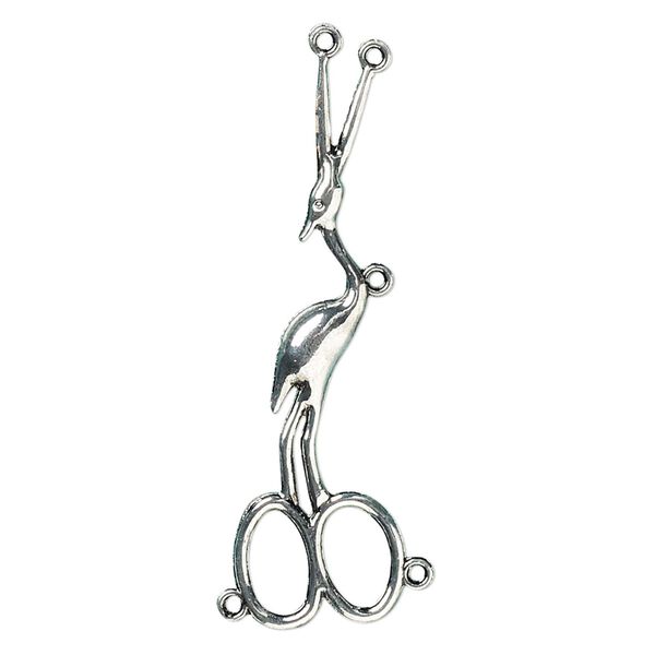 Focal, antique silver-finished "pewter" (zinc-based alloy), 3-1/4x1 inch stork scissors with 5 loops. Sold individually. image number 0