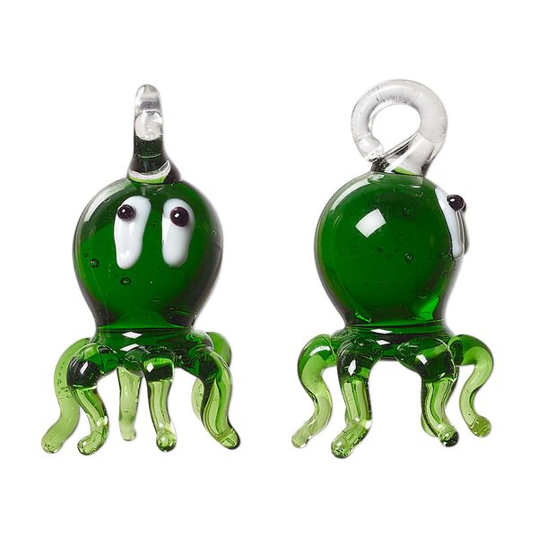 Drop, lampworked glass, green / white / black, 23x18mm 3D octopus. Sold individually. image number 0