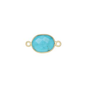 Link, magnesite (dyed / stabilized) and gold-finished sterling silver, turquoise blue, 9x7mm-12x10mm oval with 8x6mm-11x9mm hand-cut double-sided faceted flat freeform oval. Sold individually.