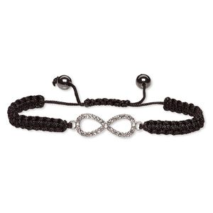 Bracelet, Hemalyke™ (manmade) / waxed cotton cord / glass rhinestone / silver-plated "pewter" (zinc-based alloy), black and clear, 31x12mm infinity, adjustable from 7-10 inches with macramé knot closure. Sold individually.
