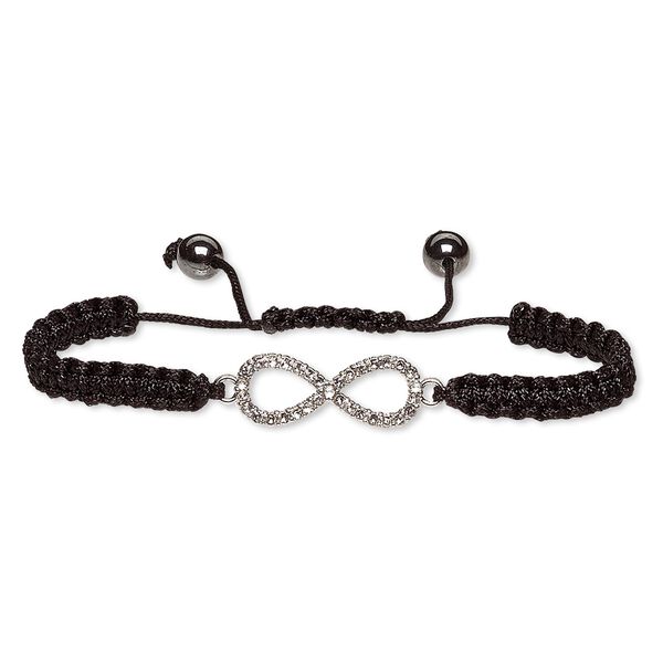 Bracelet, Hemalyke™ (manmade) / waxed cotton cord / glass rhinestone / silver-plated "pewter" (zinc-based alloy), black and clear, 31x12mm infinity, adjustable from 7-10 inches with macramé knot closure. Sold individually. image number 0