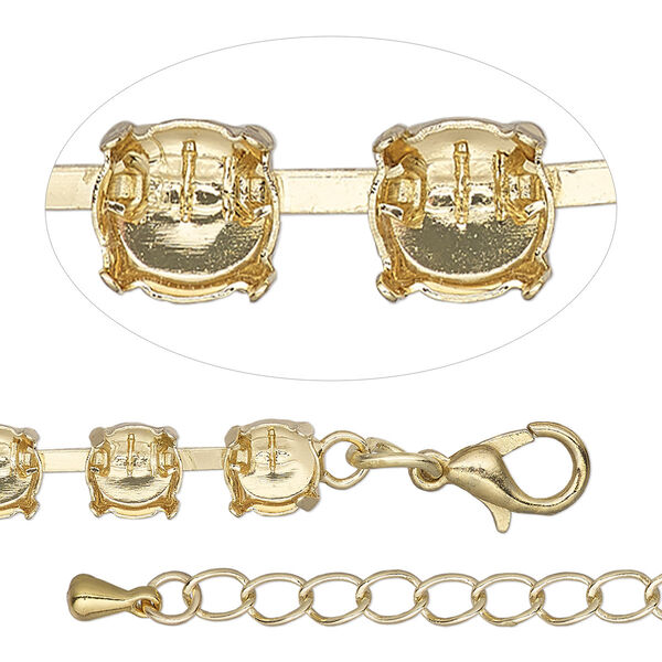 Necklace component, gold-finished brass and steel, 6mm wide cupchain with (41) SS29 settings, 16 inches with 3-inch extender chain and lobster claw clasp. Sold individually. image number 0