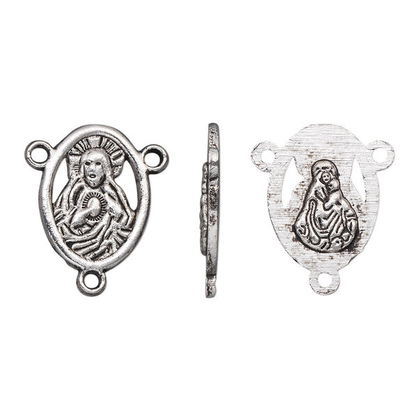 Connector, antique silver-plated "pewter" (zinc-based alloy), 16x12mm two-sided oval rosary with Sacred Heart of Jesus and Madonna with Christ Child. Sold per pkg of 10. image number 0