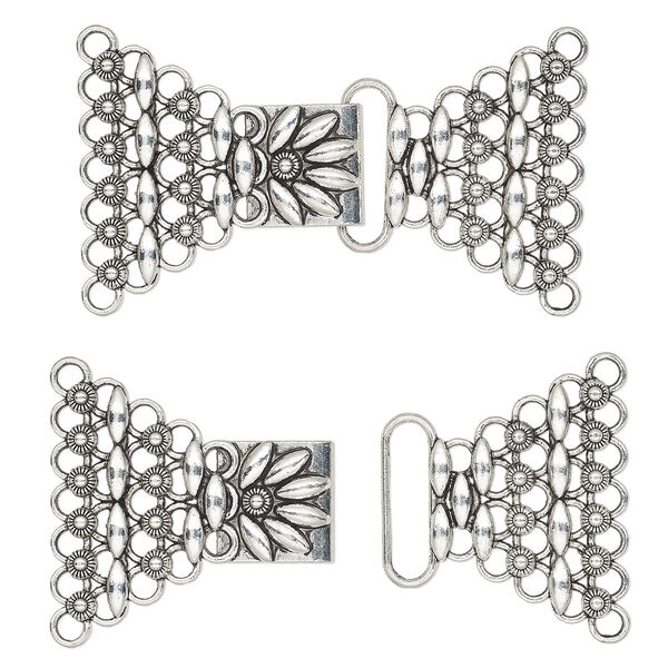 Clasp, 7-strand hook, antique silver-finished "pewter" (zinc-based alloy), 78x44.5mm with flower. Sold individually. image number 0