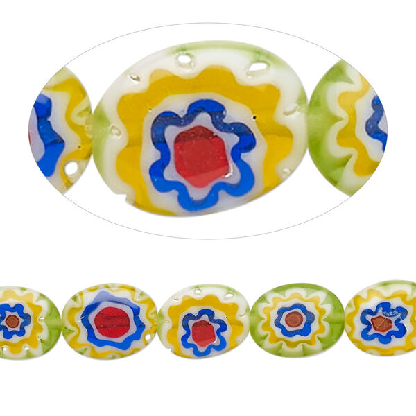 Bead, millefiori glass, translucent green and multicolored, 10x8mm puffed oval with flower design. Sold per 14-inch strand. image number 0