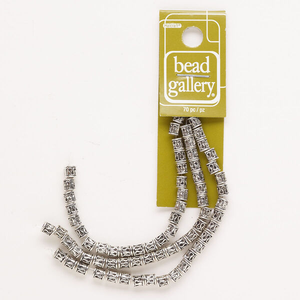 Bead, antique silver-plated "pewter" (zinc-based alloy), 4mm tube with cutout pattern. Sold per pkg of 70. image number 0