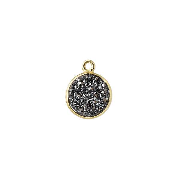Drop, titanium- / electro-coated druzy agate (coated) / gold-finished sterling silver, black, 11mm hand-cut single-sided flat round. Sold individually. image number 0