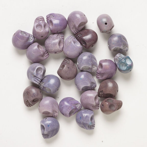 Bead mix, "howlite" (imitation) resin 1pkg25, opaque light to dark purple, 17x14mm-18x15mm skull. image number 1
