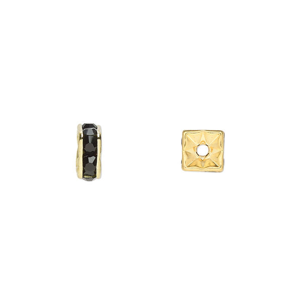 Bead, glass rhinestone and gold-finished brass, black, 6x3mm squaredelle. Sold per pkg of 10. image number 0