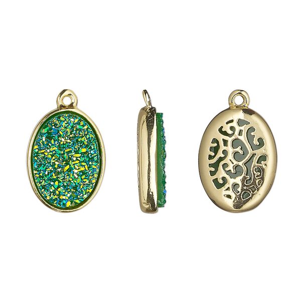 Drop, Druzylite™, "druzy" (resin) and gold-finished brass, green, 15.5x11.5mm two-sided oval with open filigree back. Sold per pkg of 4. image number 0