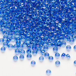 Seed bead, Miyuki, glass, pkg/50g, #8 rocaille, translucent cobalt-lined rainbow sapphire (RR-353).
