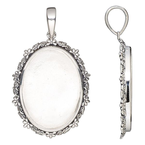 Pendant, antiqued sterling silver, 31x24.5mm oval with flower and leaves design and 25x18mm oval bezel setting. Sold individually. image number 0