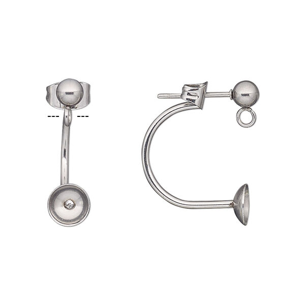 Earstud, stainless steel, pkg/2 pairs, 21mm with 6mm cup and 4mm ball with open loop, fits 6-10mm bead. image number 0