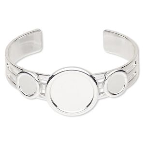 Bracelet, Almost Instant Jewelry®, cuff, silver-plated brass and "pewter" (zinc-based alloy), 25mm wide with (2) 10mm and (1) 20mm round settings, adjustable. Sold individually.