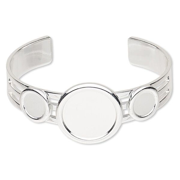 Bracelet, Almost Instant Jewelry®, cuff, silver-plated brass and "pewter" (zinc-based alloy), 25mm wide with (2) 10mm and (1) 20mm round settings, adjustable. Sold individually. image number 0