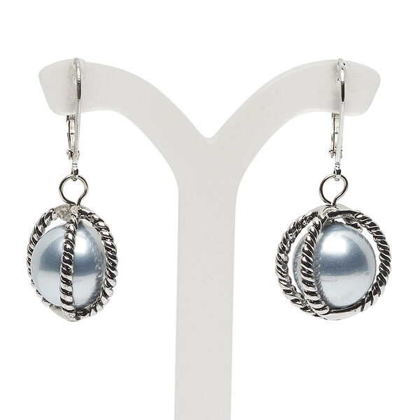 Earring, glass pearl and antique silver-finished "pewter" (zinc-based alloy), 37mm fishhook with 17mm round, 20 gauge. Sold per pair. image number 0