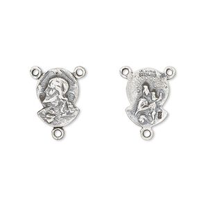 Connector, antiqued sterling silver, 12x9mm double-sided "Sacred Heart" rosary center. Sold per pkg of 2.